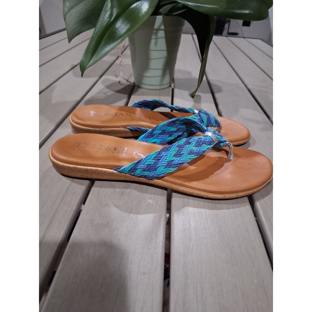 Italian Shoemakers Woman Blue Turquoise Leather Thong Wedge Sandals Sz 8 SB2 - Picture 5 of 9